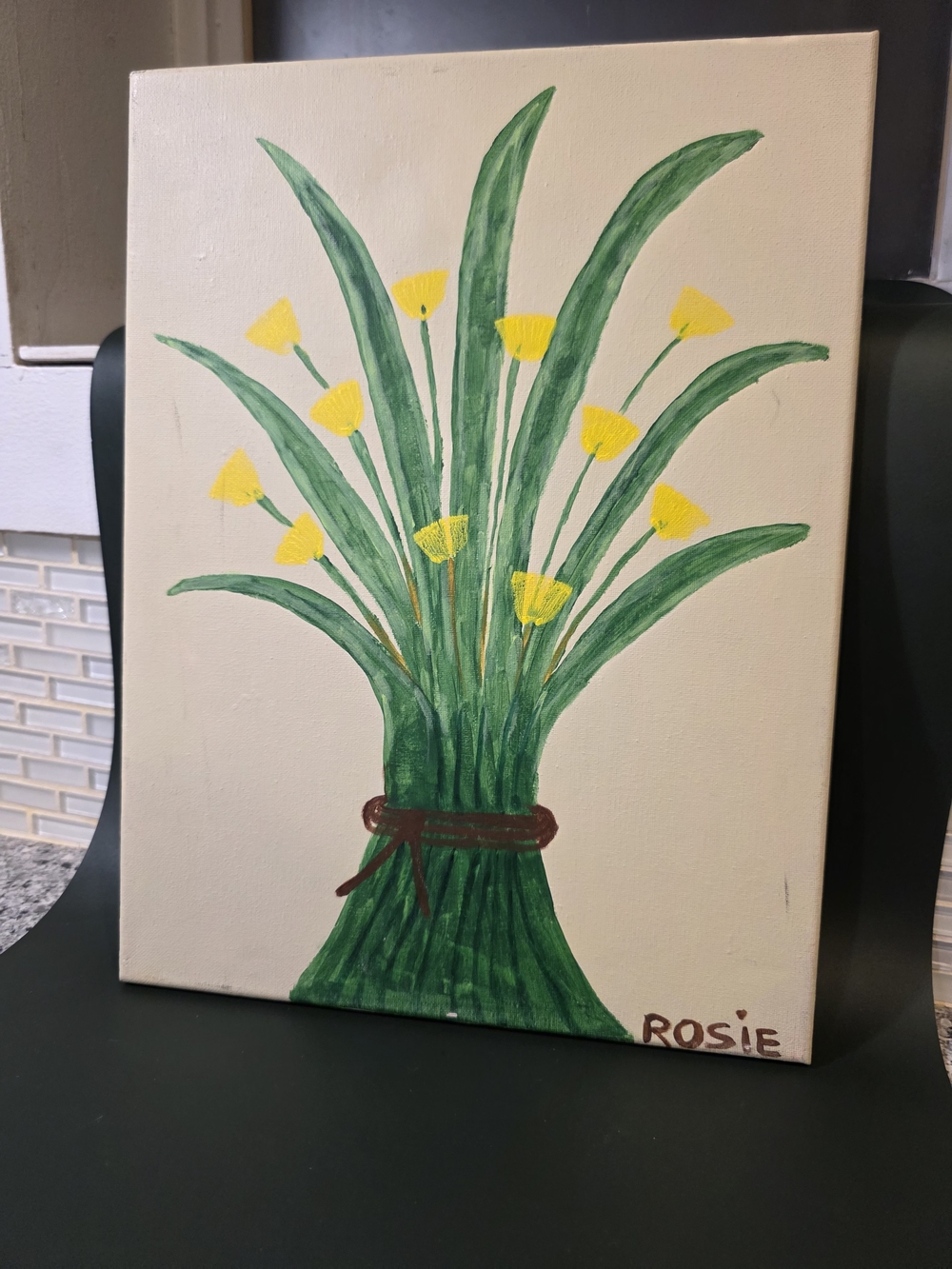 Hand-Painted Green and Yellow Floral Canvas Art by Rosie
